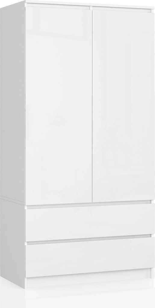 Kleiderschrank – Schlafzimmerschrank – Schrank mit Kleiderstange – Weiß / Hochglanz – 90 cm – Eleganter Drehtürenschrank mit 2 Türen u...