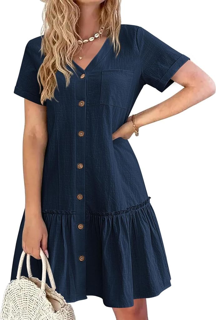 ASKSA Damen Sommerkleid Button Down Leinenkleid Strandkleid Casual V-Ausschnitt Minikleid Kurzarm A-Linie Kleid Rueschenumschlag Kleider (Blau,XL)