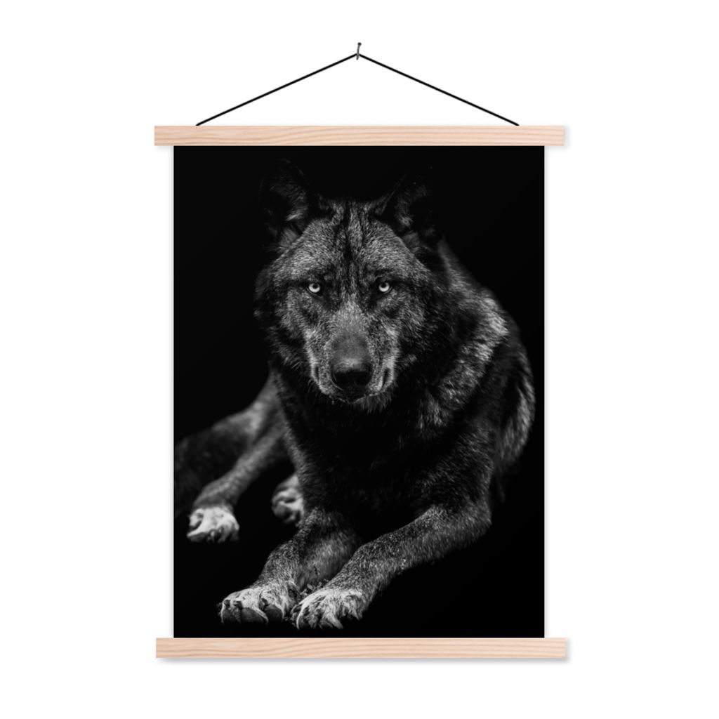 MuchoWow Textilposter Tiere - Wolf - Schwarz - Weiß - Porträt 120x160 cm mit holzfarbenen Rahmen - Plakatkarton