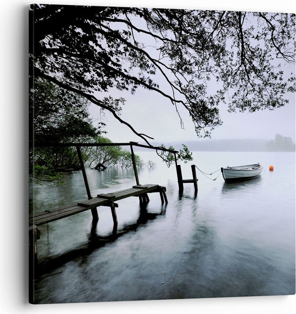 Bild auf Leinwand - Leinwandbild - See Dock Boot Bäume - 40x40cm - Wand Bild - Wanddeko - Wandbilder - Leinwanddruck - Bilder - Kunstdruck - Wandd...
