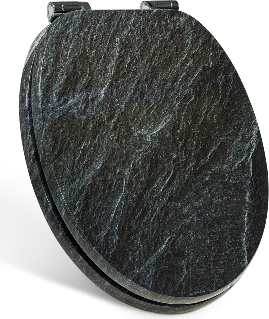 A toilet seat with a slate-like texture, shown from a slightly elevated angle.