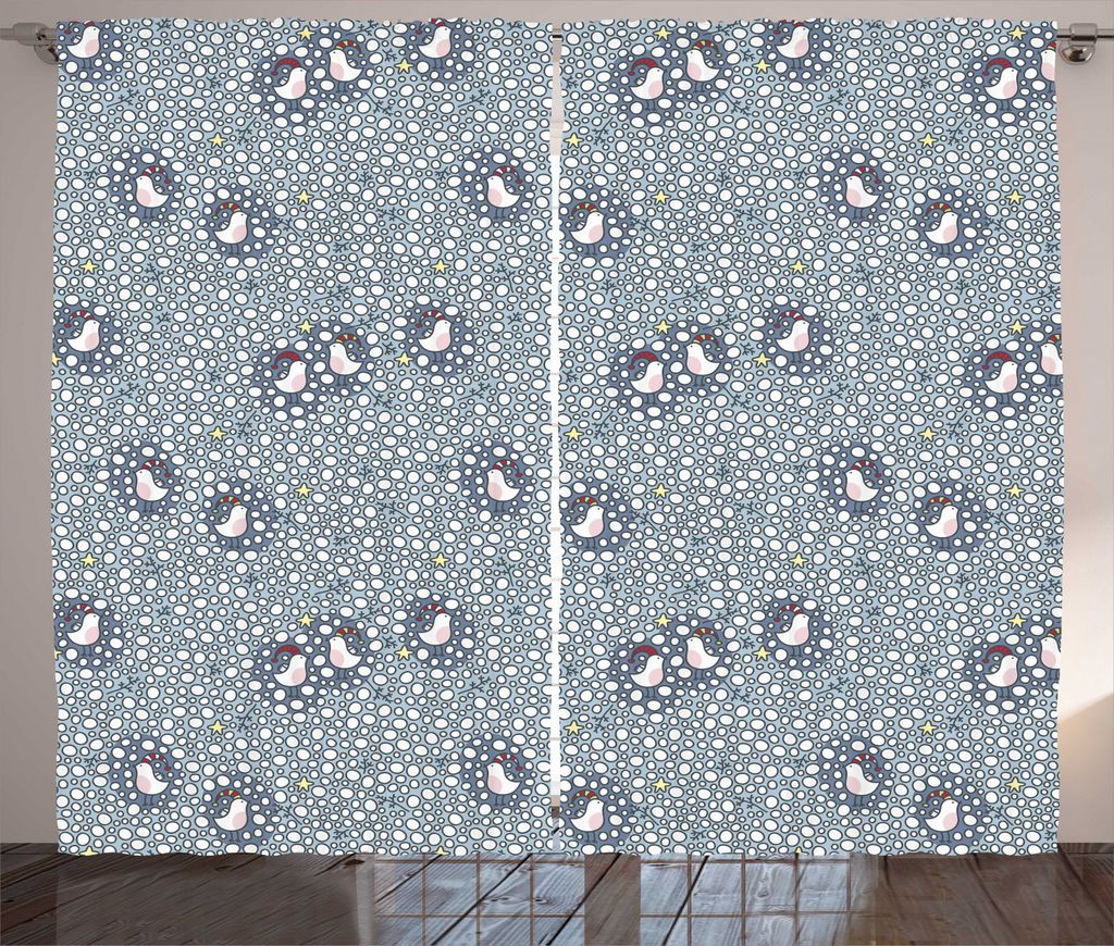 ABAKUHAUS Winter Rustikaler Vorhang, Vogel mit Weihnachtsmütze Schnee, Wohnzimmer Universalband Gardinen mit Schlaufen und Haken, 280 x 245 cm, Pa...