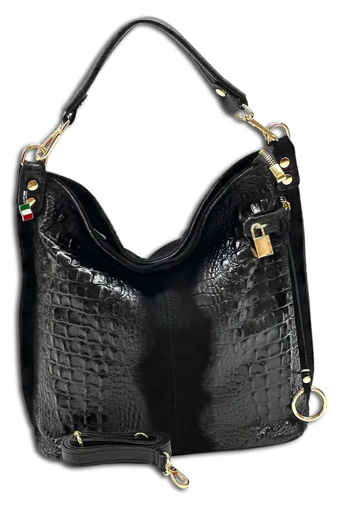Sac à main Florence hobo OTF162S en cuir véritable noir gaufré femme