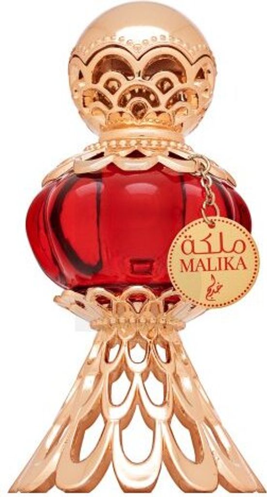 A perfume bottle with intricate gold detailing and a red glass body, presented on a white background.