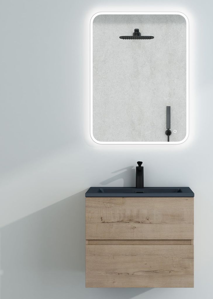 Mai & Mai Badmöbel-Set Waschtisch mit Unterschrank Mineralguss Waschbecken in Anthrazit Waschbeckenunterschrank 60x48x50cm Eiche Greige 2-Schublad...