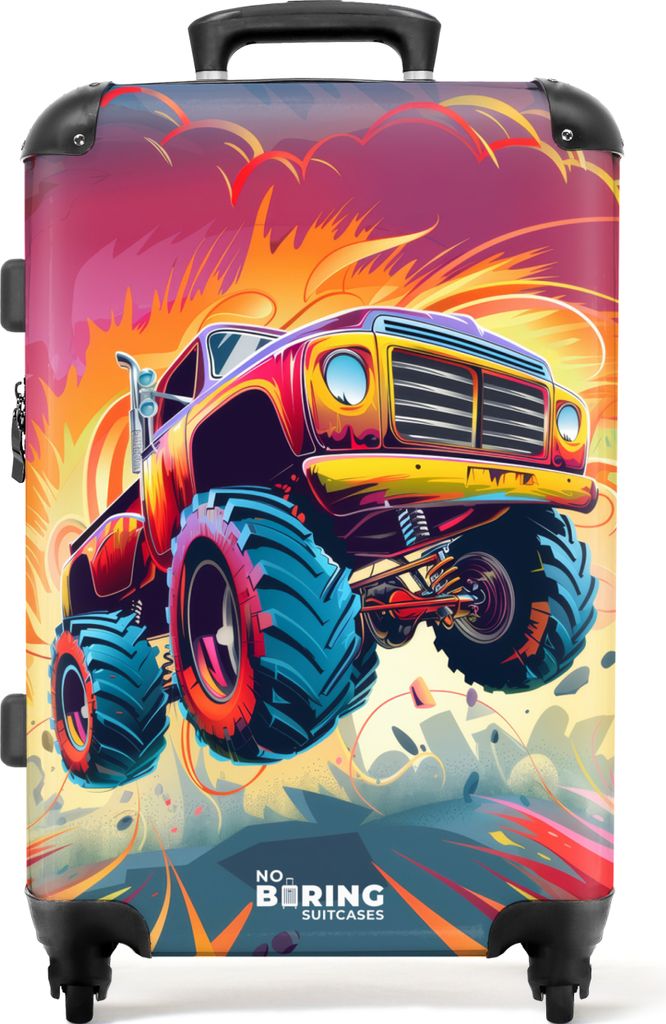 NoBoringSuitcases.com Kinder Koffer Mittelgroß 67x43x25 cm, 72L, Kinderdrucke für Jungen: Orange, lila - Monstertruck, Reisekoffer mit 4 Rollen