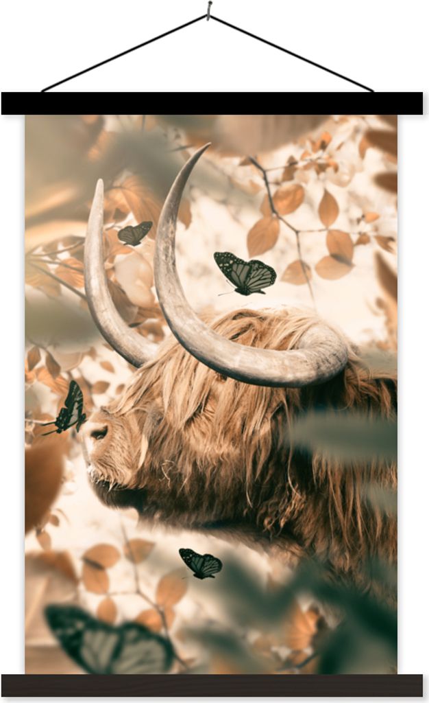 MuchoWow Textilposter Schottische Hochlandrind - Sonne - Schmetterlinge 60x90 cm mit schwarzem Rahmen - Poster Wohnzimmer