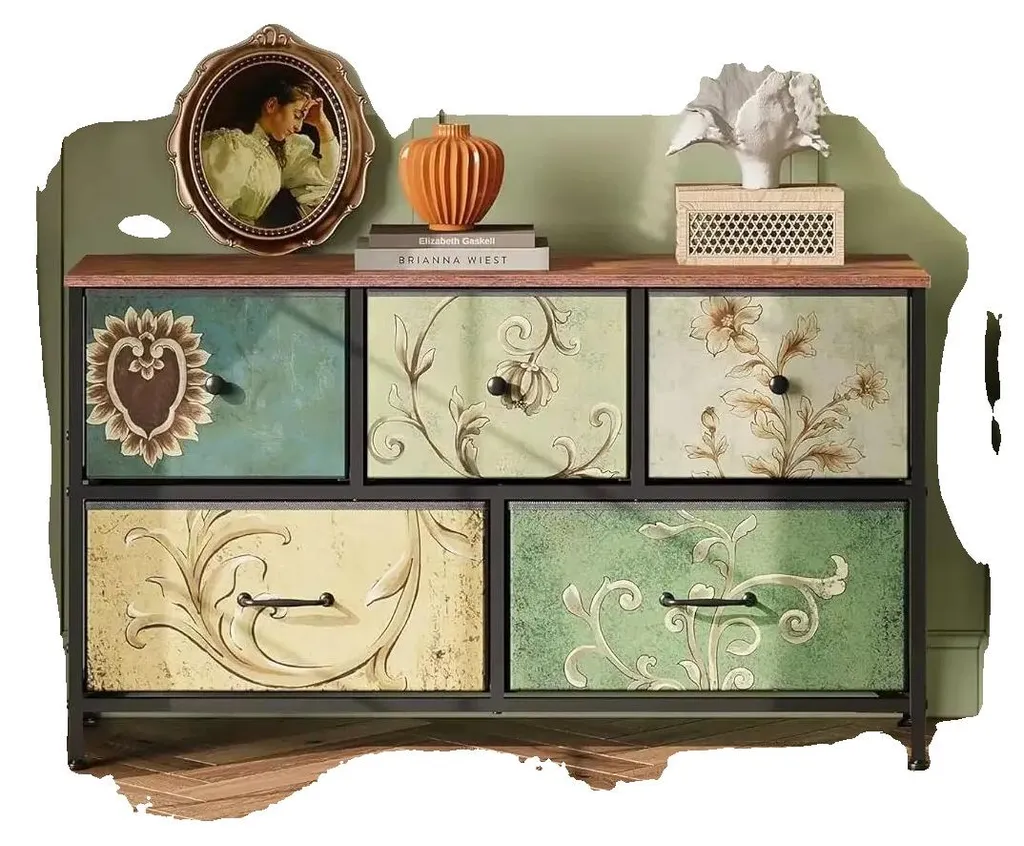 Grande Commode Moderne en Tissu avec Motifs Graphiques et 5 Tiroirs