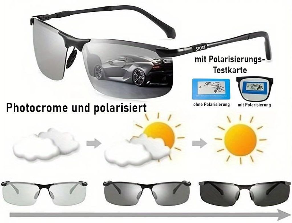 GKA Sonnenbrille Selbsttönend und polarisiert Metall Halbrahmen Photochrom Brille Fahrradbrille Photochromatisch mit Putztuch und Testkarte
