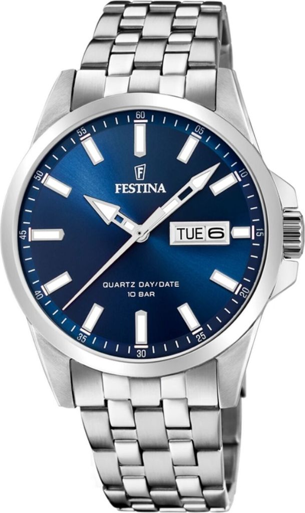A close-up studio shot of a Festina men's watch with a blue dial and silver metal band.