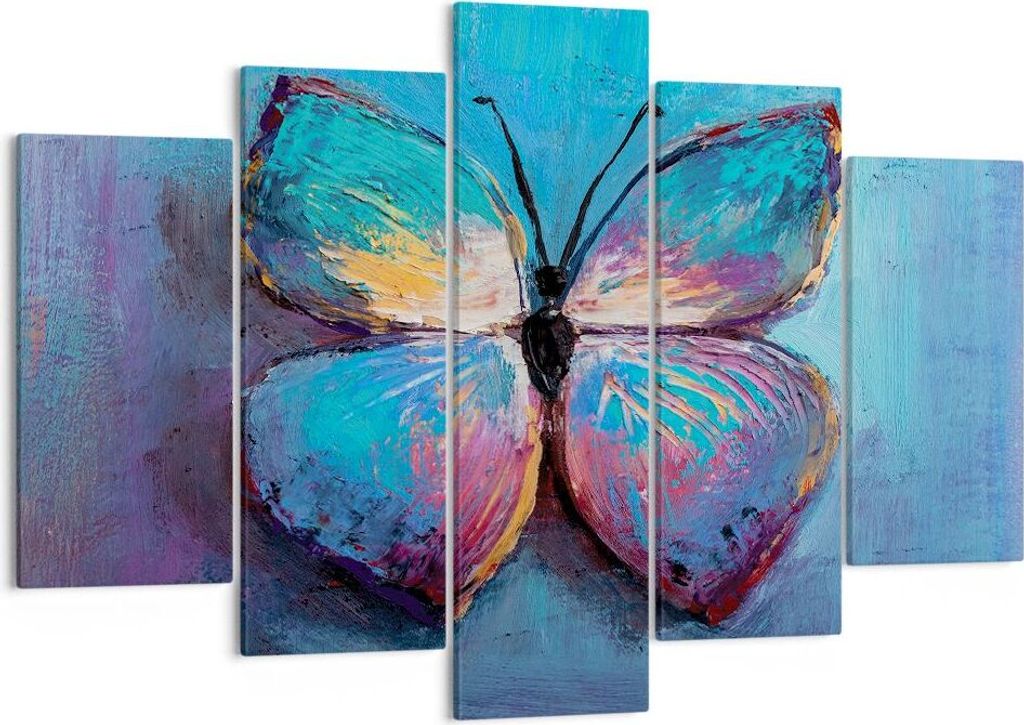Bild auf Leinwand - Leinwandbild - 5 Teile - Handschriftlich Schmetterling Blau - 150x100cm Wand Bild Wanddeko Wandbilder Leinwanddruck Bilder Wand...