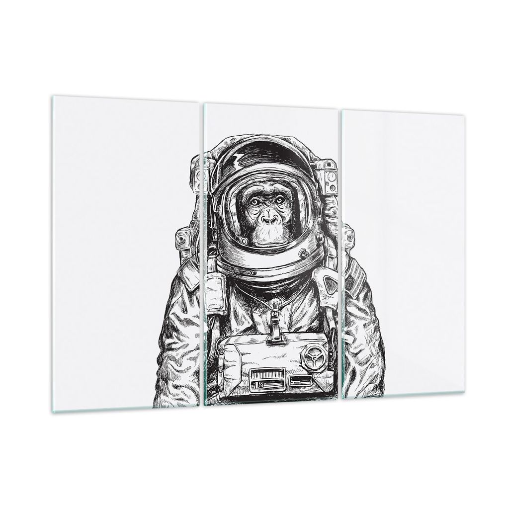 Bilder auf glas - 3 Teile - Schimpanse Astronaut Zeichnung - 165x110cm - Glasbilder - Wandbilder - Bilder - Wanddekoration aus Glas - Glas Bilder -...