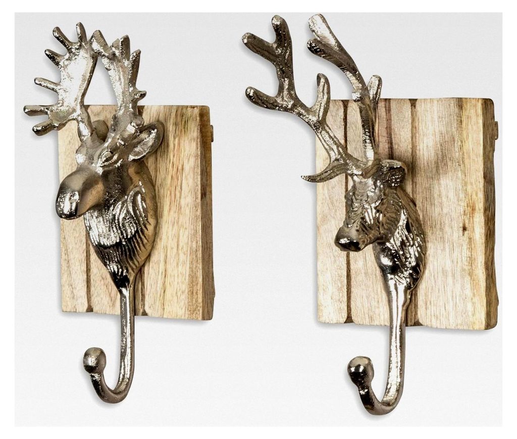 2er Set Wandhaken mit Hirschmotiv H x B: 23x12cm Holz Metall Garderobe Deko Wanddeko Kleiderhaken