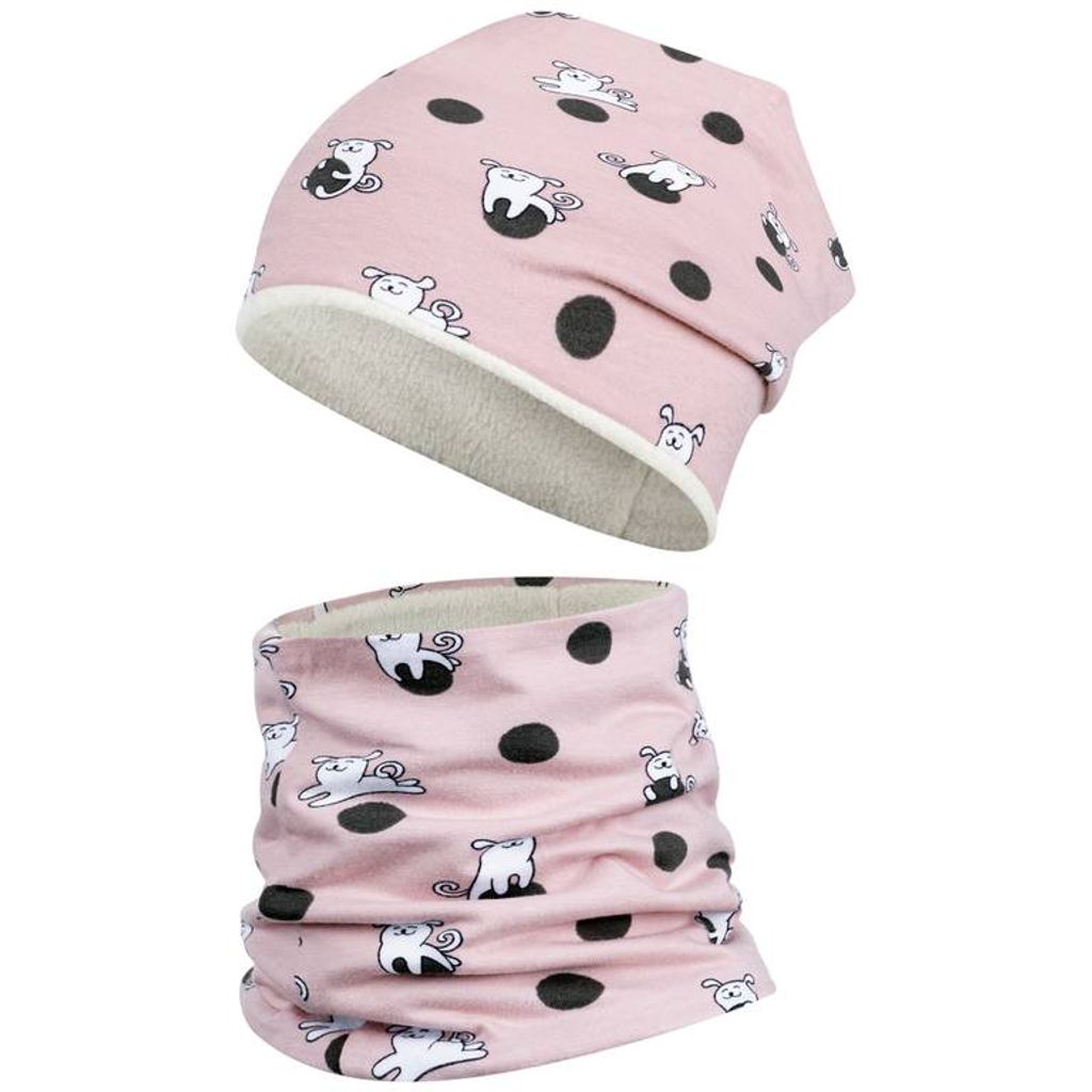 Mädchen Junge Baby Wintermütze + Schlauchschal Winterset Beanie Snood, Gr. 46-48, Rosa Hunde