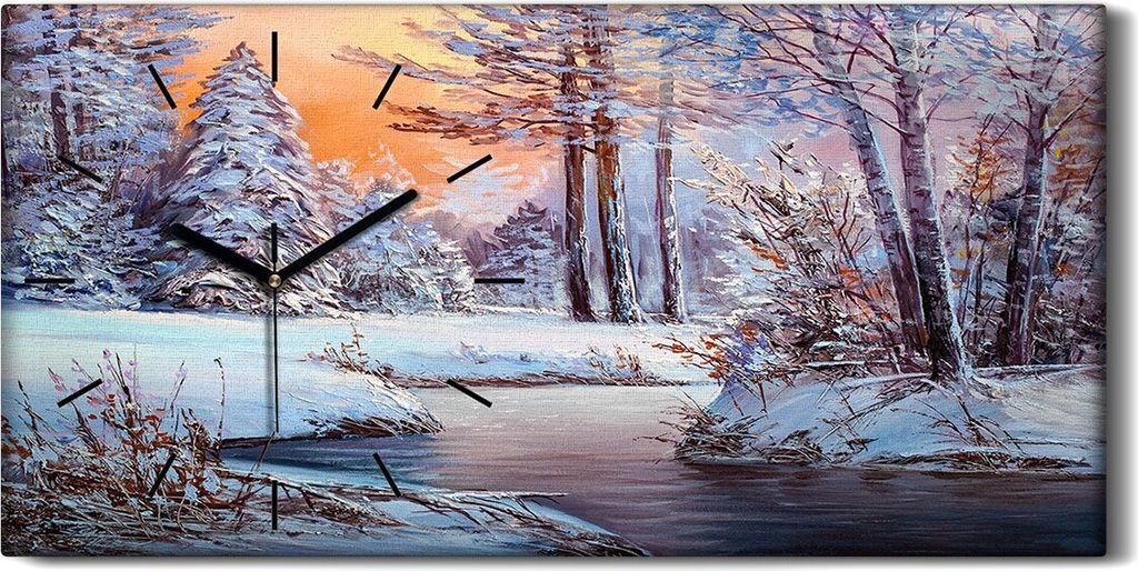 Leinwand Wanduhr Wandkunst Uhr Geräuschlos 60x30 Weihnachts Wald mit Fluss - schwarze Hände