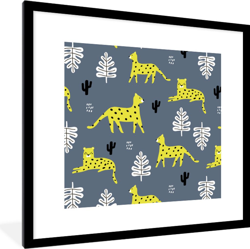 MuchoWow MuchoWow Gerahmtes Poster Panther - Blätter - Kaktus - Muster 40x40 cm - Poster mit zchwarzem Bilderrahmen - Poster - Plakat im Rahmen