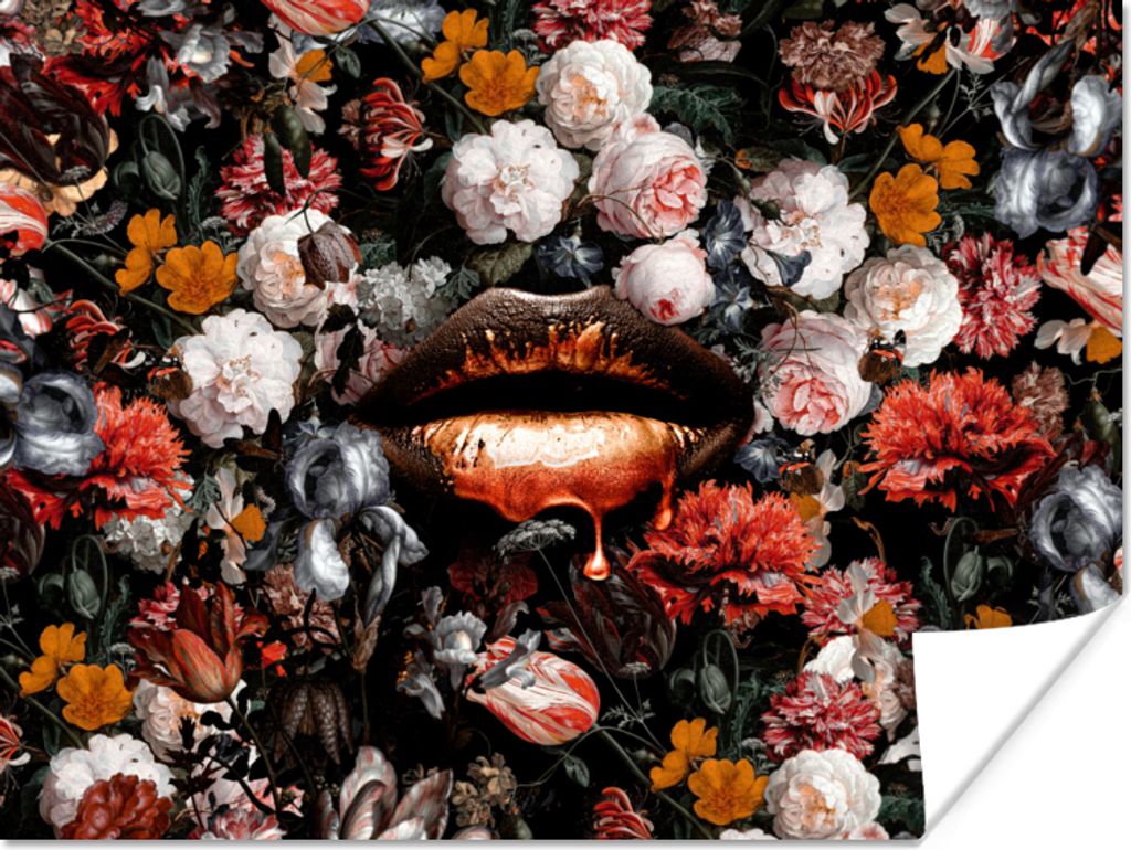 MuchoWow Poster Lippen - Blumen - Farbe - Orange - Kunst - Abstrakt - Alte Meister 160x120 cm - Foto Plakat