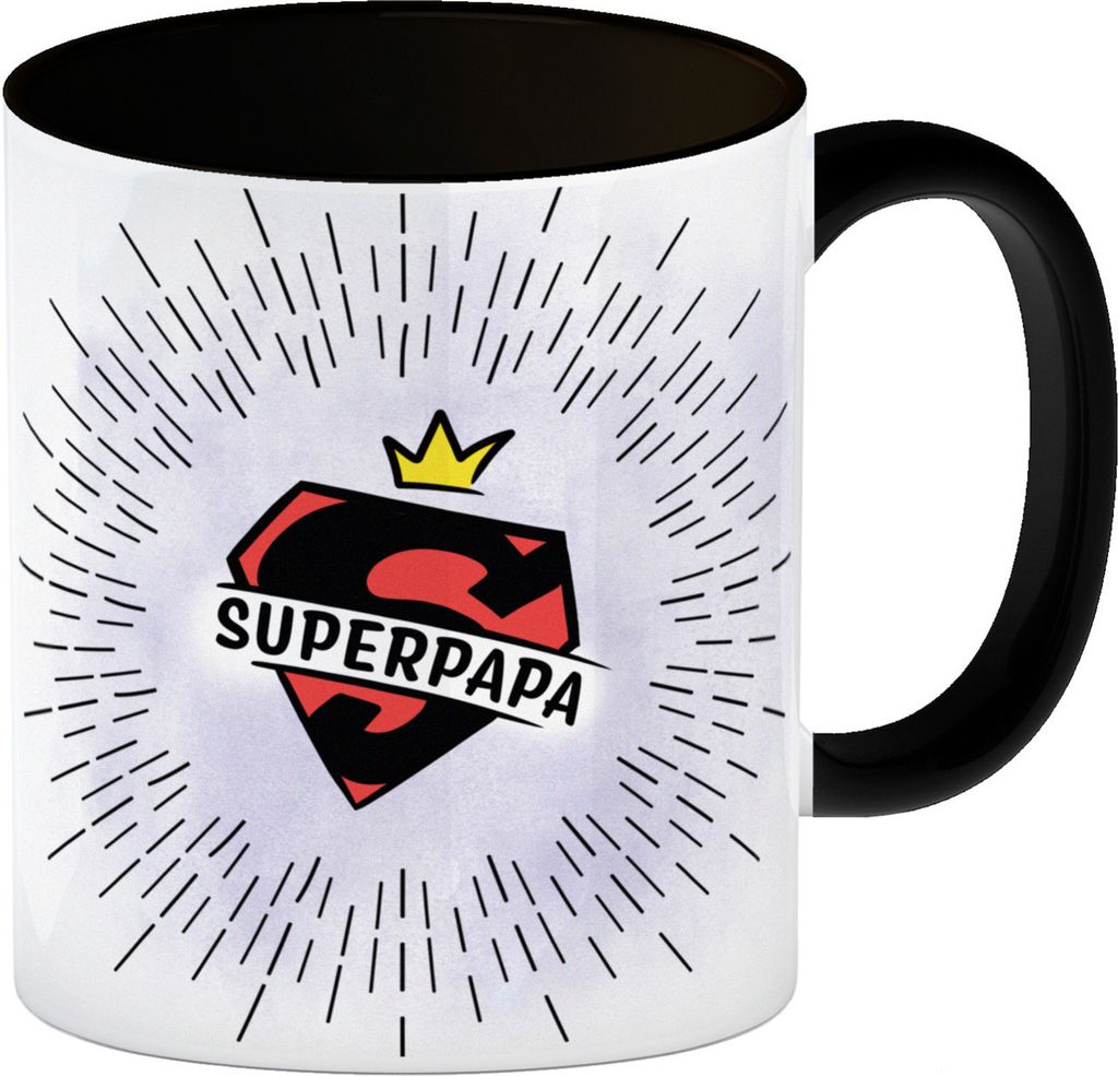 Superpapa Kaffeebecher Schwarz mit Gezeichnete Strahlen, Superheldenabzeichen