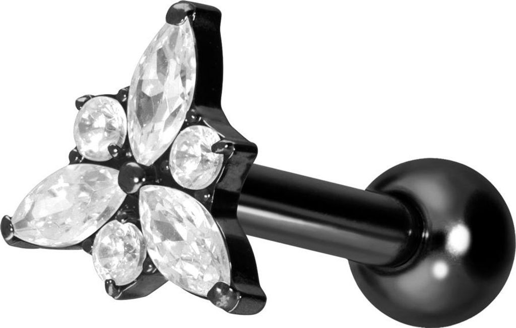 Ohrpiercing Titan Ohrpiercing mit Innengewinde KRISTALLBLÜTE Schwarz Stablänge: 8mm