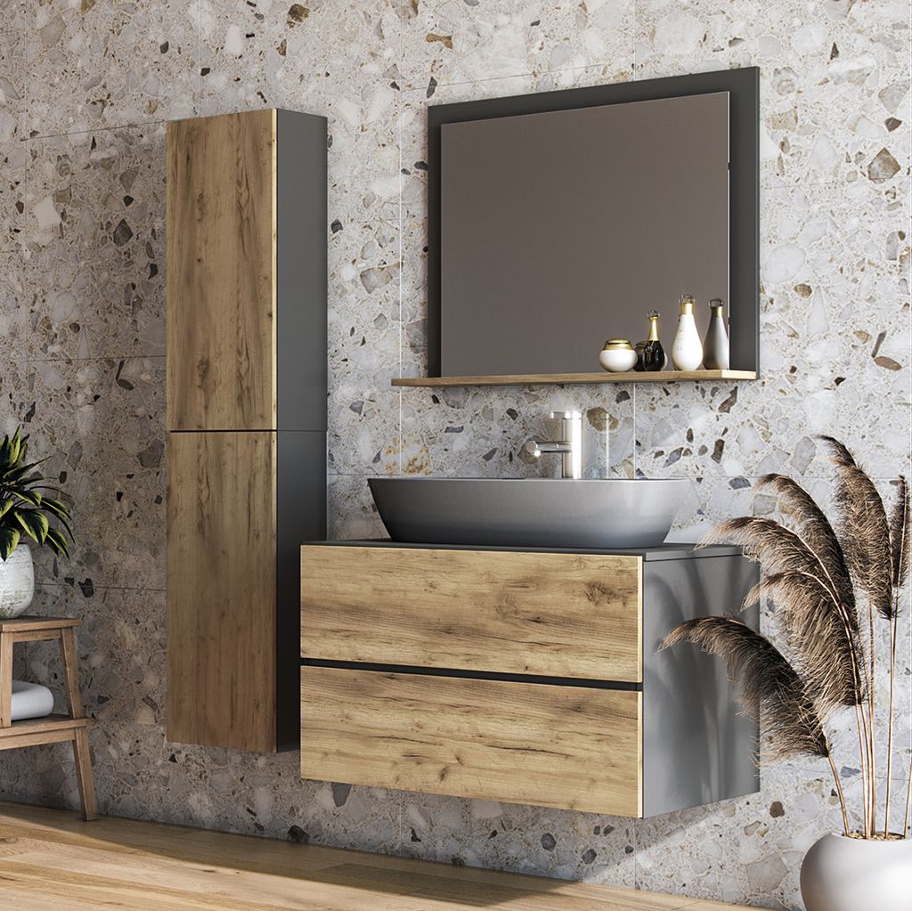 A modern bathroom vanity with a sink and mirror, featuring wood and gray finishes, set against a textured tile wall.