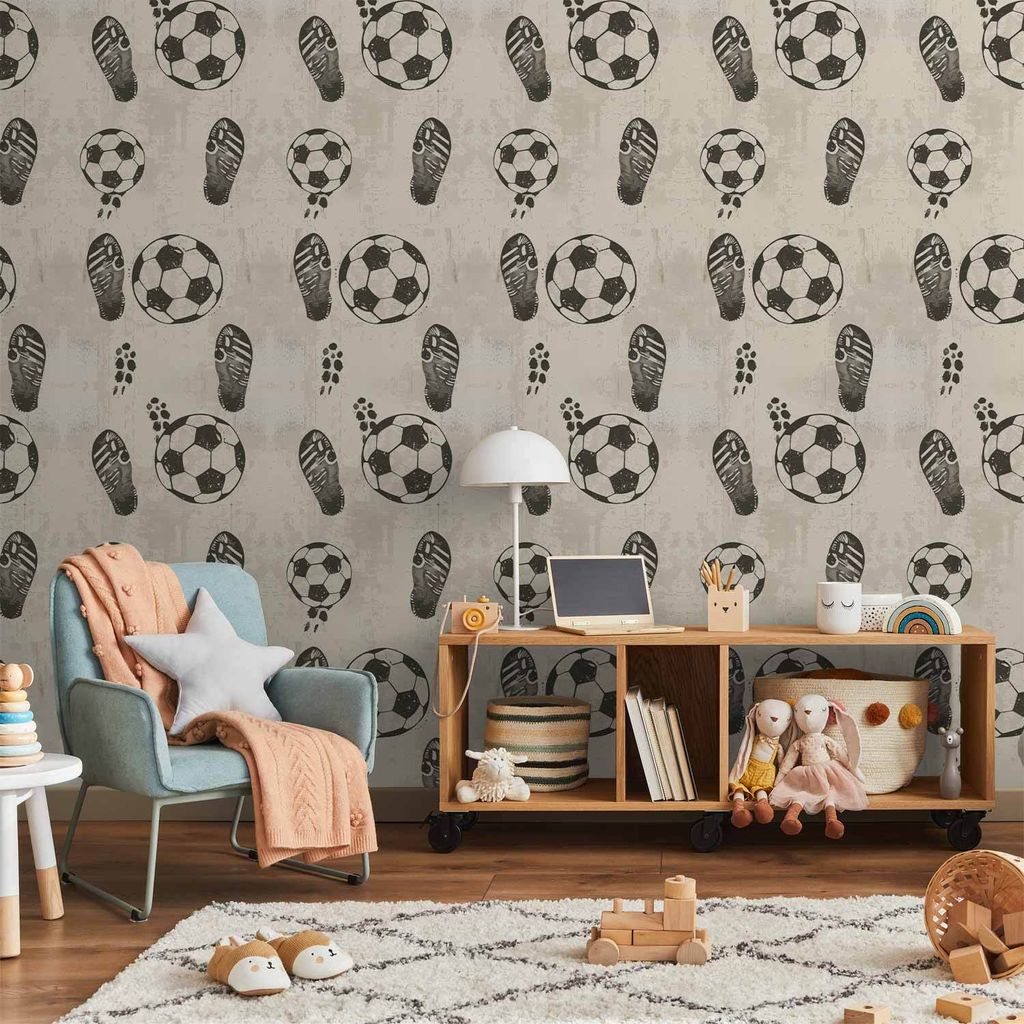 Vliesbehang - Sporen en Ballen - Zwart-wit voetbalmotieven Productafbeelding 