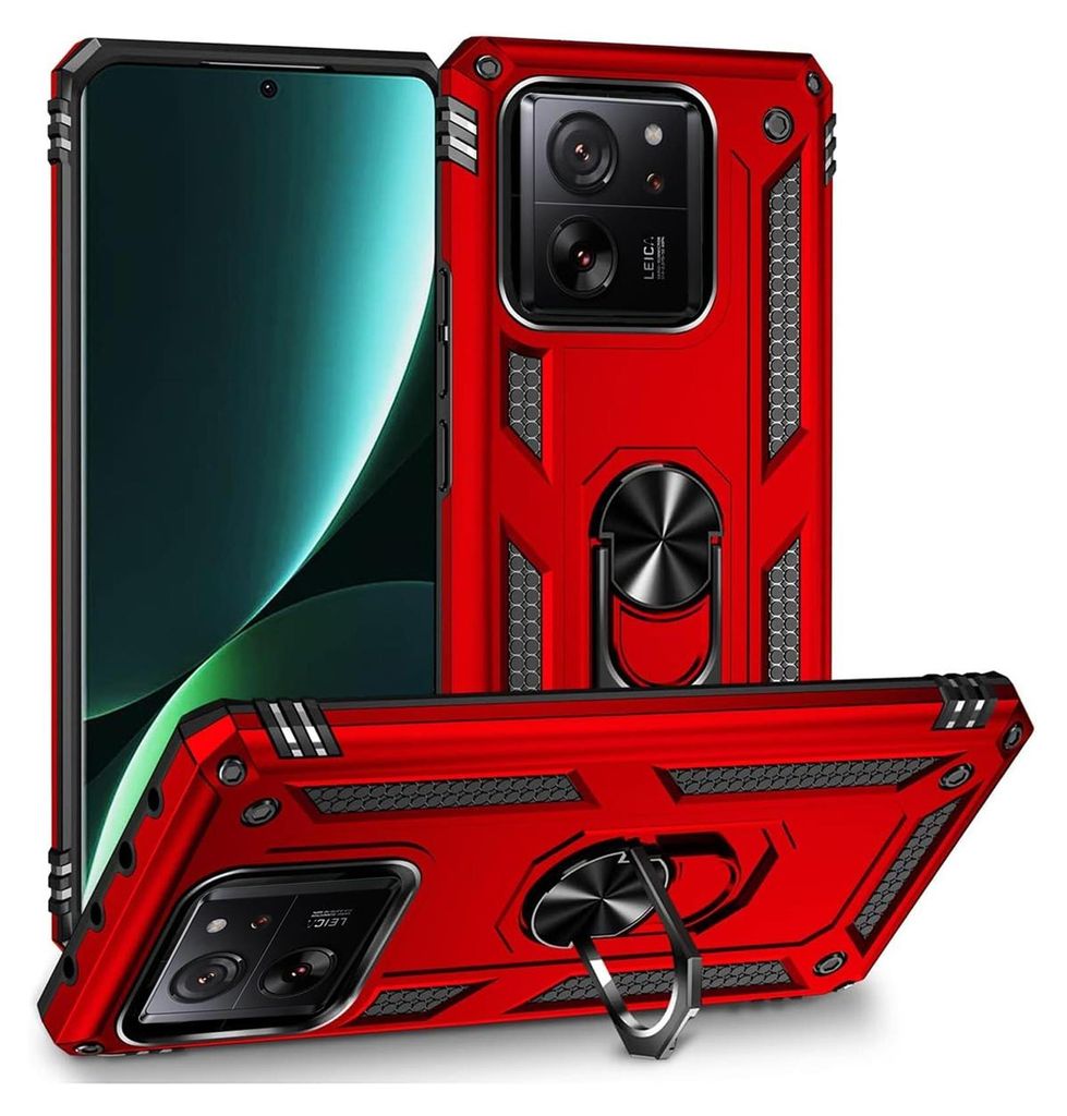 A red phone case with a built-in ring stand is displayed from multiple angles against a white background.