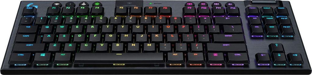 A black gaming keyboard with RGB lighting.