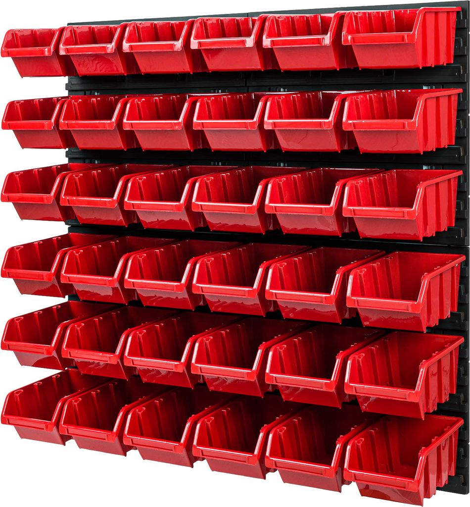 A wall-mounted storage system with multiple red bins.