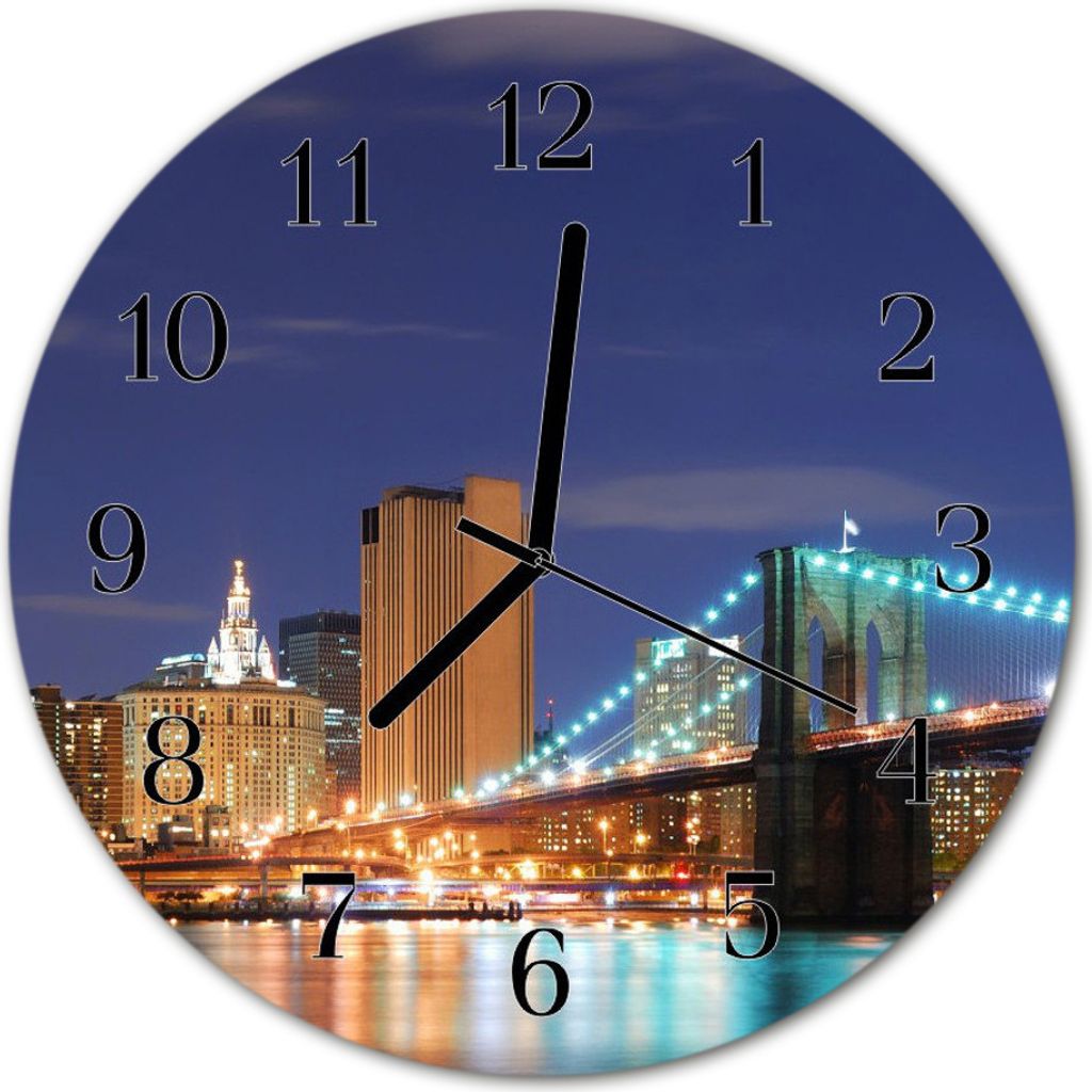 Glasuhr Wanduhr Küchenuhr Echt-Glas 30fi cm Skyline Brücke mehrfarbig