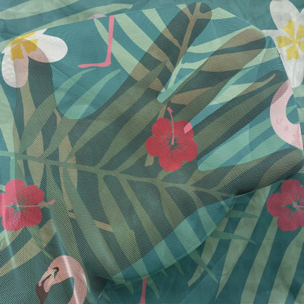 ABAKUHAUS Arazzo Flamingo, Piante tropicali Petali di ibisco su foglie di palma Fantastico paradiso botanico, Soggiorno Camera da letto Tessuto da parete in raso setoso, 210 cm x 274 cm, Verde acqua scuro Rosa Magenta - 2