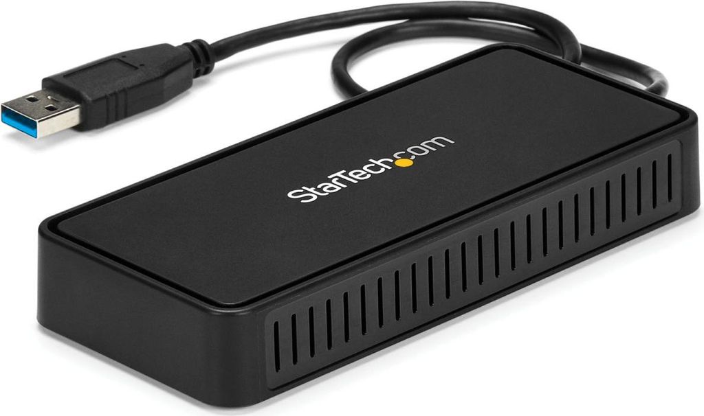 A black StarTech.com USB to Dual DisplayPort adapter is shown on a white background.