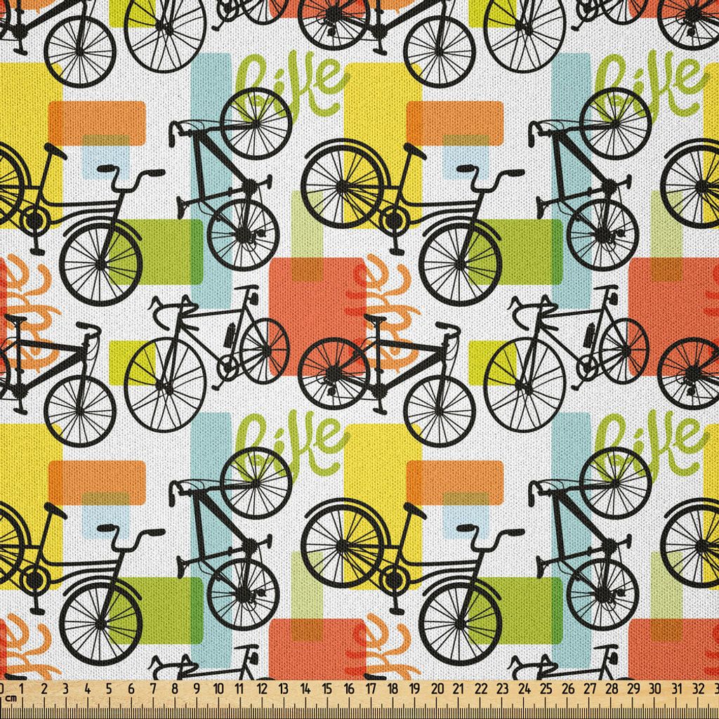 ABAKUHAUS Fahrrad Microfaser Stoff als Meterware , Fahrrad-Skizzen-Retro Art-geometrische Formen der Farben Hand-Drawn wie Beschriftung, 2 M (230 x...