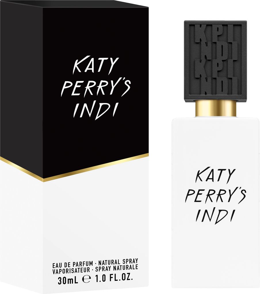 A product shot of Katy Perry's Indi perfume and its packaging.