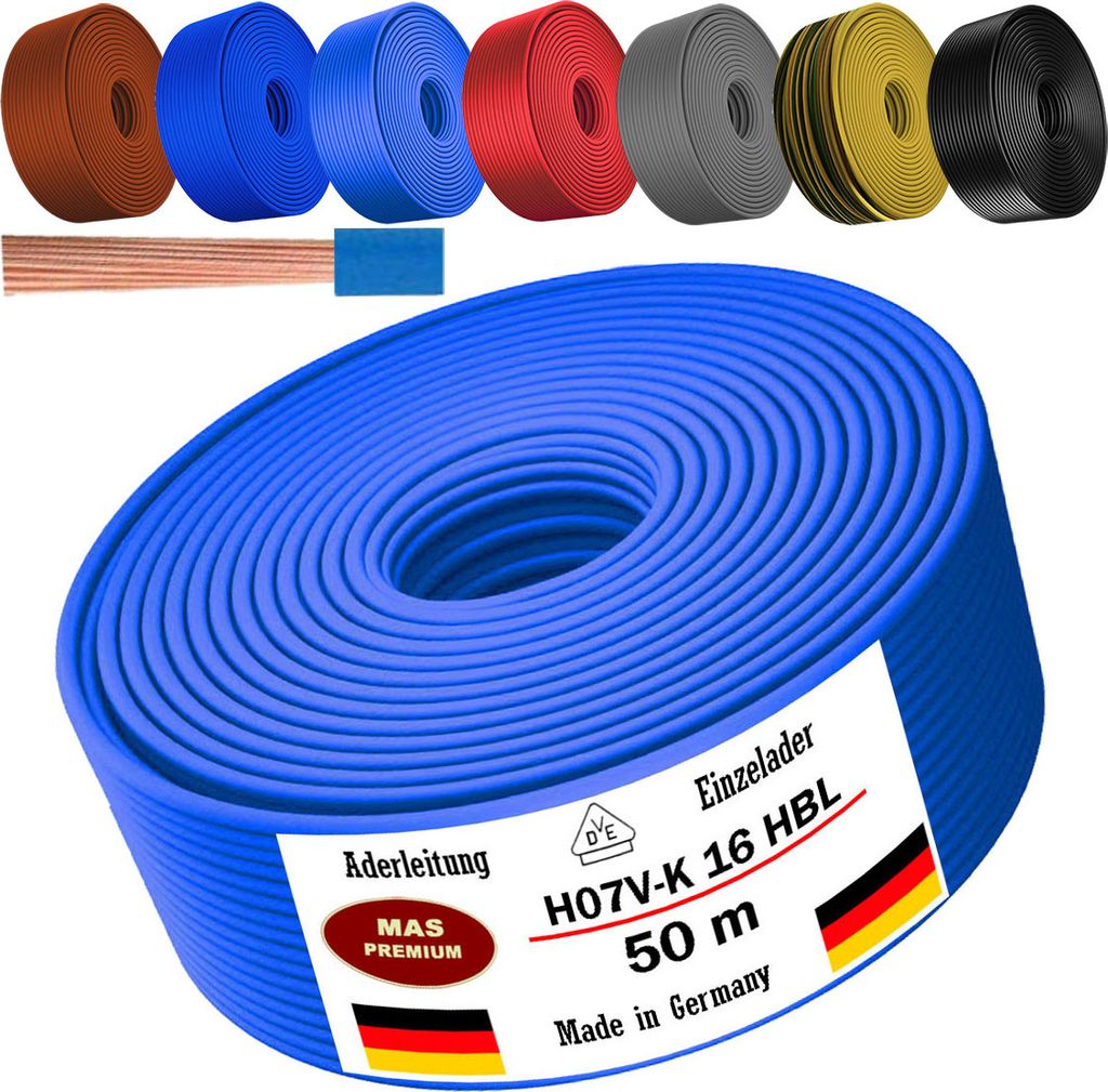 50m Aderleitung H07 V-K HBL 1x16 mm² Hellblau Einzelader flexibel