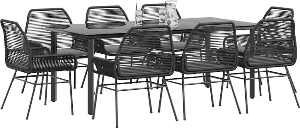 vidaXL 9-tlg. Garten-Essgruppe mit Kissen Schwarz Poly Rattan Glas