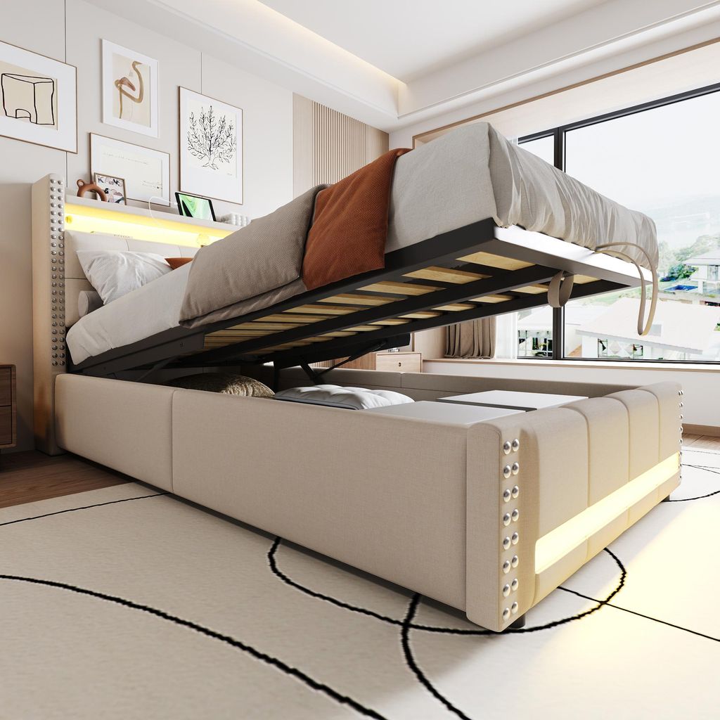 Gepolstertes Bett 90x200cm mit LED-Beleuchtung, USB-Anschluss, Stauraum im Kopfteil, hydraulischem Staufach, beigefarbenem Stoff