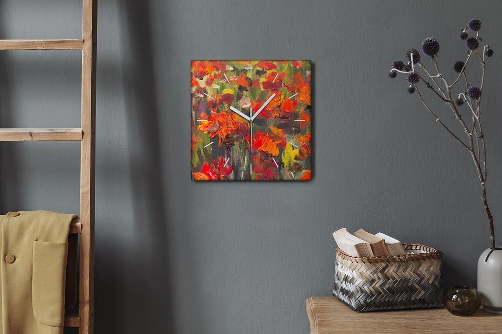 Coloray Hodiny Unikátní 30x30 cm Tiché hodiny Pro obývací pokoj a kuchyň Nástěnné hodiny Plátno Bílé ručičky hodin - Mohnflower malba