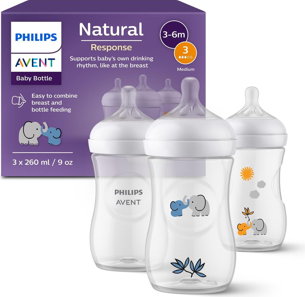 Philips AVENT Natural Response Geschenkset für Babys: 3 Natural Response Babyfläschchen (260 ml) mit T3 Saugern (ab 1 Monat), SCY903/63