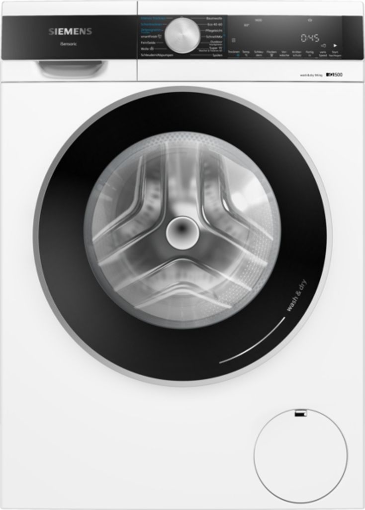 A front-view product shot of a white Siemens washing machine.