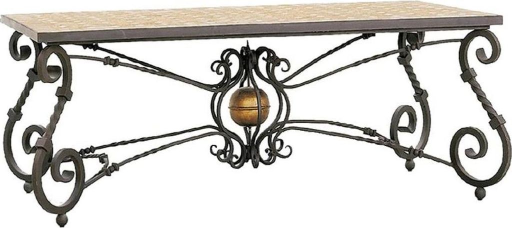 Casa Padrino Luxus Barock Esstisch Beige / Grau / Messingfarben - Handgefertigter Schmiedeeisen Gartentisch mit Naturstein Mosaik Fliesen Tischplat...