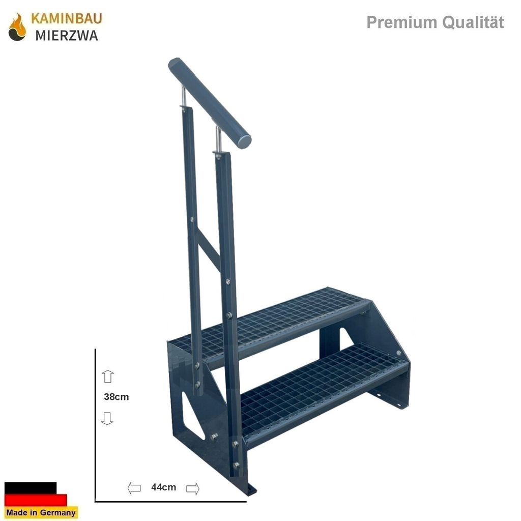 Gitterrost Stahl Freistehende Treppe 2 Stufen Verzinkt & Anthrazit Pulverlackiert + Geländer Links - (L x B x H) 44cm x 60cm x 38cm