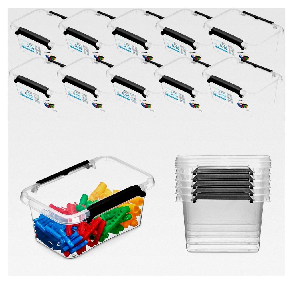 Aufbewahrungsboxen mit Deckel, Kunststoffboxen im 10er Set, 0,5L, 15x9,5x6,5 cm