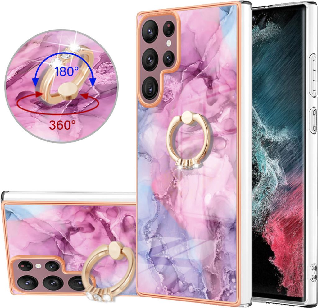 Galaxy S23 Ultra Hülle, Muster TPU Silikon Stoßdämpfer Bumper Schutzhülle mit Ring Ständer für Samsung Galaxy S23 Ultra Pink