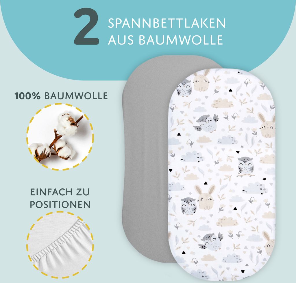 Spannbettlaken Kinderwagen Stubenwagen Set - 2 x Bezug + wasserdicht  Matratzenschoner Matratzenbezug Beistellbett Bettlaken 75 x 35 cm Eulen Grau