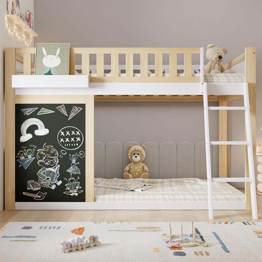 Flieks Etagenbett 90x200cm mit Tafel, Kinderbett mit Rausfallschutz und Lattenrost, Hochbett mit Aufbewahrungsbox, Naturbelassen