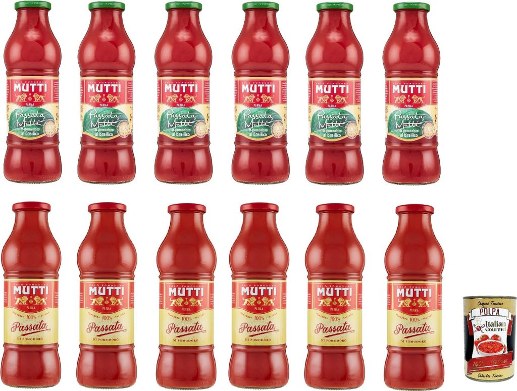 Mutti Passata di Pomodoro Testpaket, classica und con basilico, Tomatenpaste Tomaten sauce Klassic und mit Basilikum 100% Italienisch 12x 700g