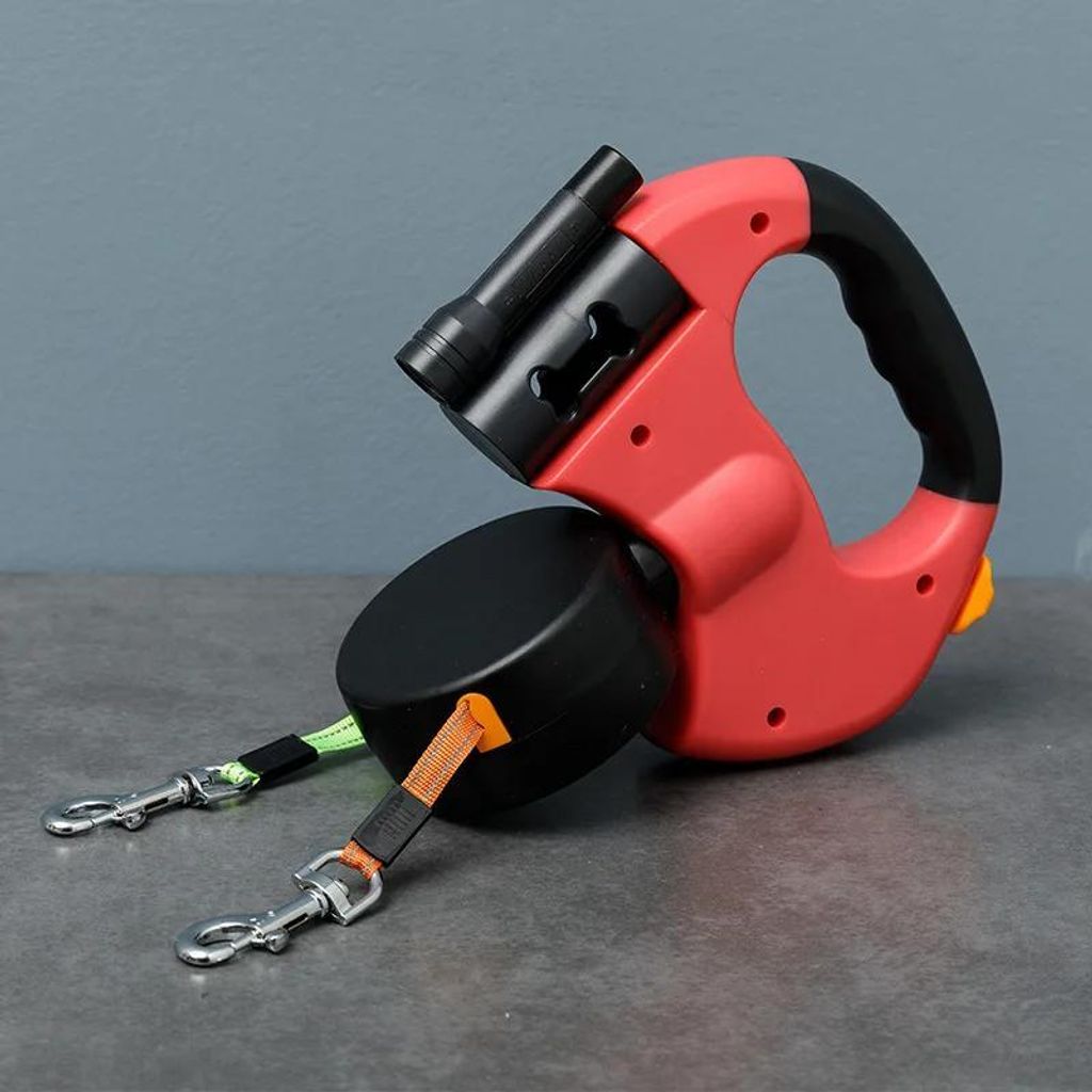 Hundeleine - Doppelleine - Automatisch - LED-Licht - 360° drehbar - Reflektierend - Multifunktionsbox - Für kleine & mittelgroße Hunde - Rot