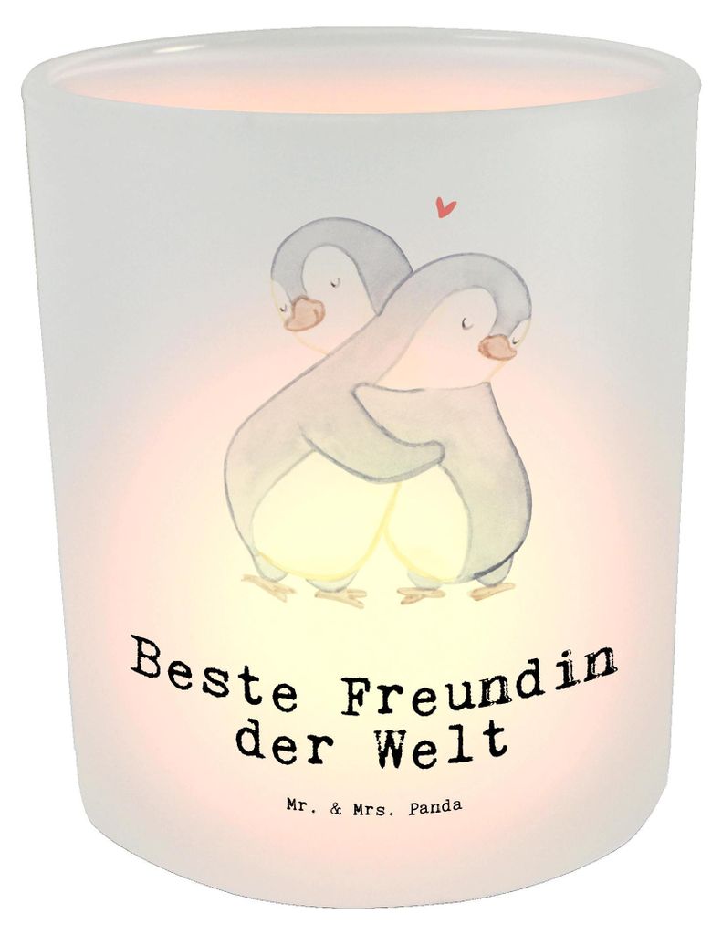 Mr. & Mrs. Panda Kerzenhalter Glas Pinguin Beste Freundin der Welt - Transparent - Geschenk, Teelichthalter, Bff, Geschenkidee, Bae, Windlicht Milc...