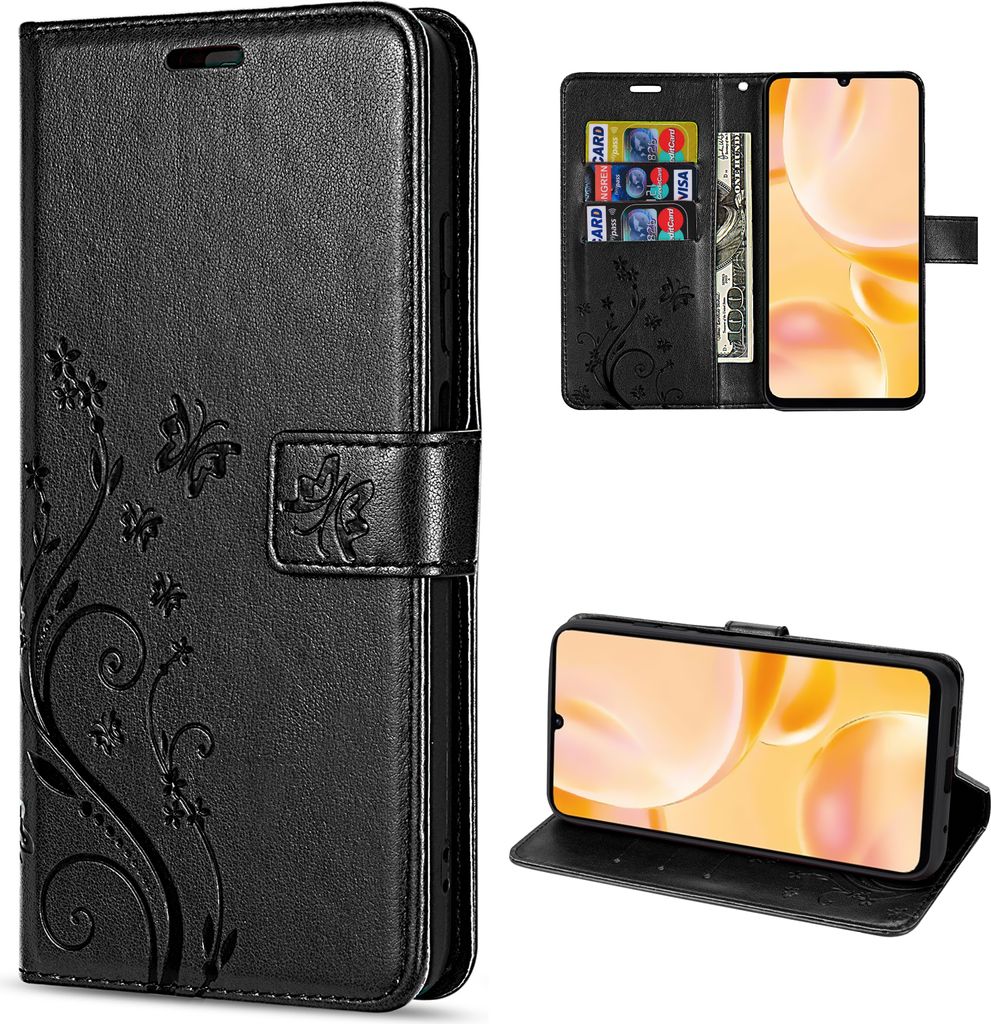 A collage of images showing a black leather flip phone case with a floral design, including a view of the inside with card slots and a phone in a stand position.