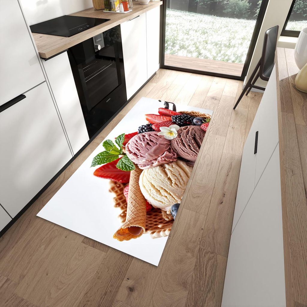 Küchenteppich 90x180cm rutschfest & abwischbar PVC Läufer - Eiswaffelmit Obst